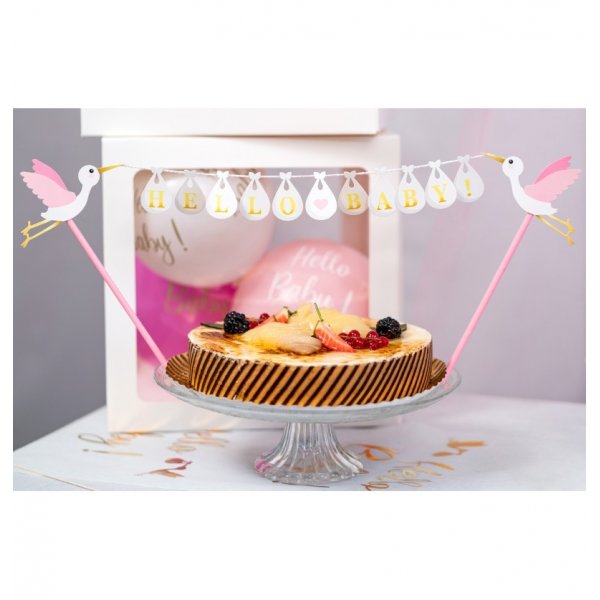 Cake Topper - Stork - Hello Baby - Rosa/Vit/Guld Cake Topper - Stork - Hello Baby - Rosa/Vit/Guld