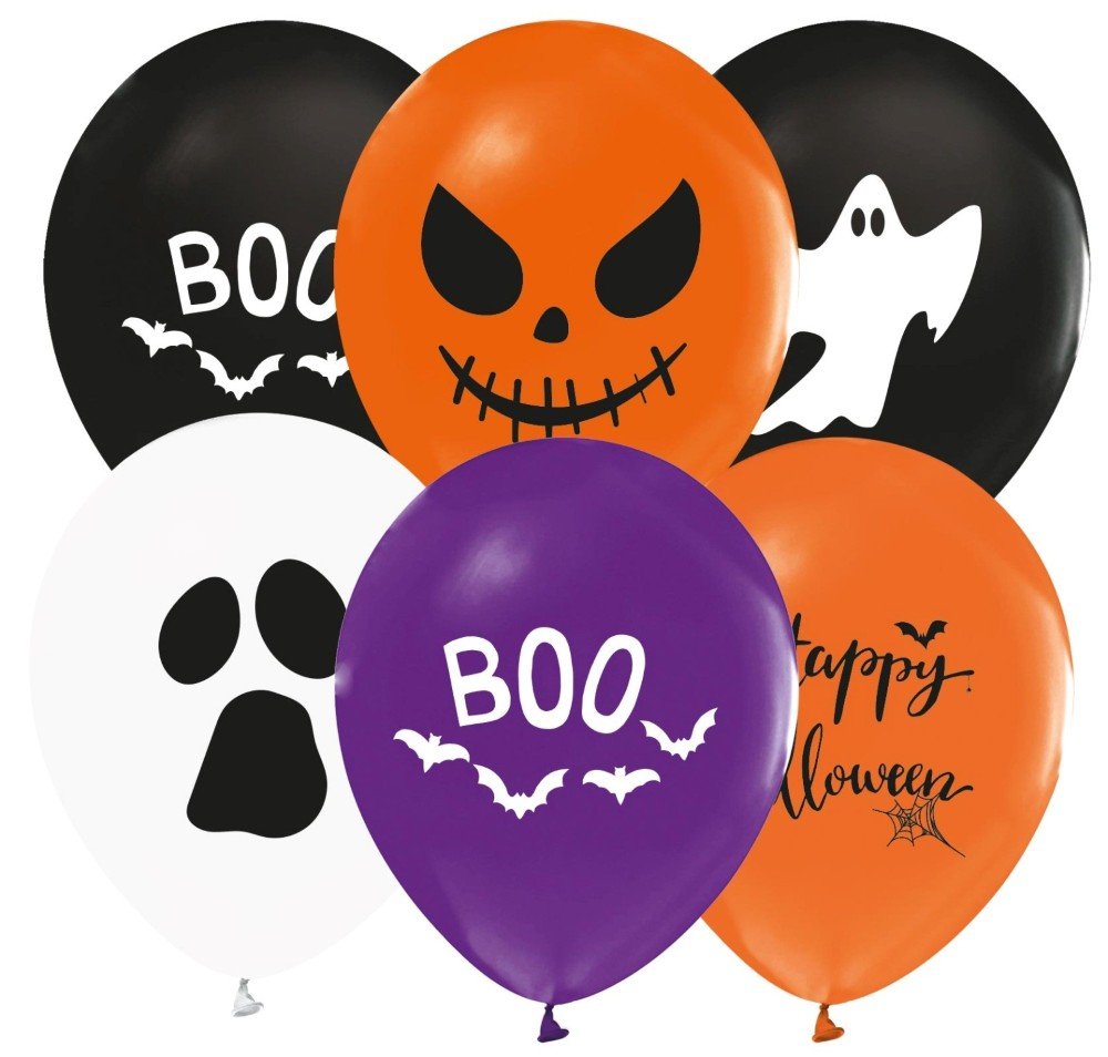 Ballonger - Halloween - Vit/Svart/Orange/Lila - 30 cm - 8-pack - Ballonger med tryck, Ballonger