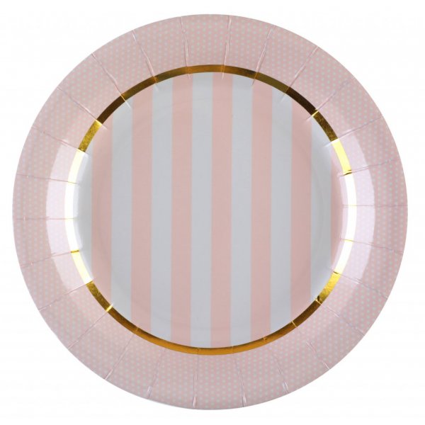 Papptallrikar - Randiga - Rosa/Guld - 10-pack
