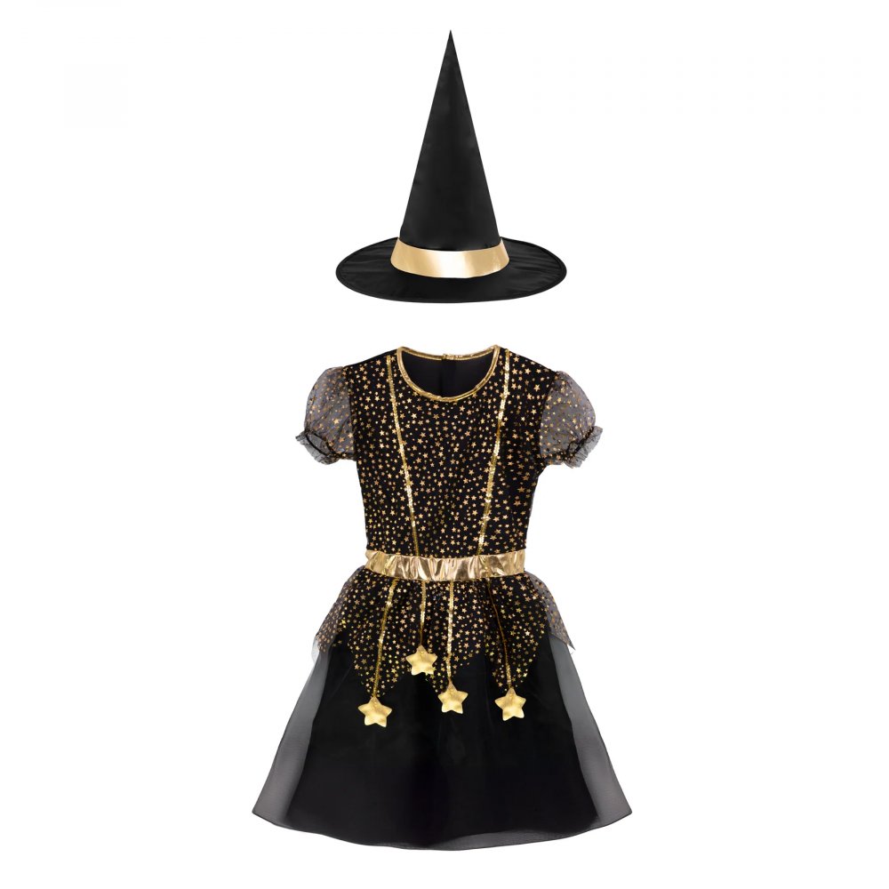 Häxklänning med hatt – Svart/Guld – Storlek: 4-5 år (110-120 cm lång) – Halloweenutklädnad, Halloween