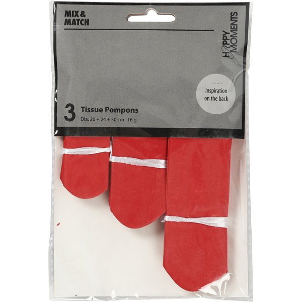 Papperspompomer - röd - Dia. 20+24+30 cm - 3 st Papperspompomer - röd - Dia. 20+24+30 cm - 3 st