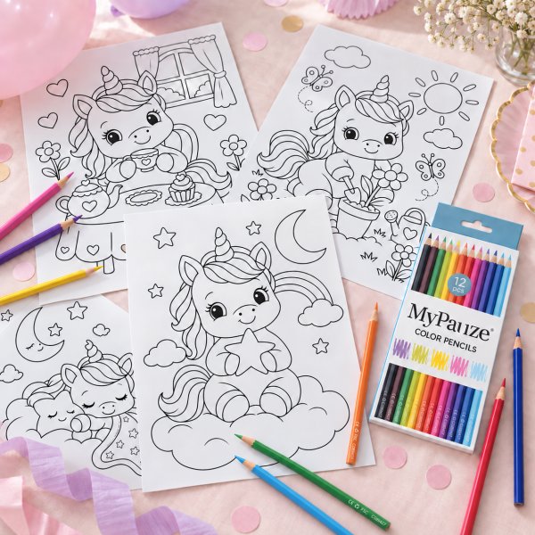 Målarblad med färgpennor - Unicorn/Enhörning - 8 motiv - A4 Målarblad med färgpennor - Unicorn/Enhörning - 8 motiv - A4