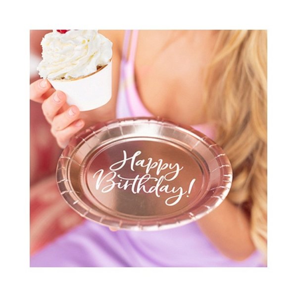 Pappersassietter Ros�guld Happy Birthday