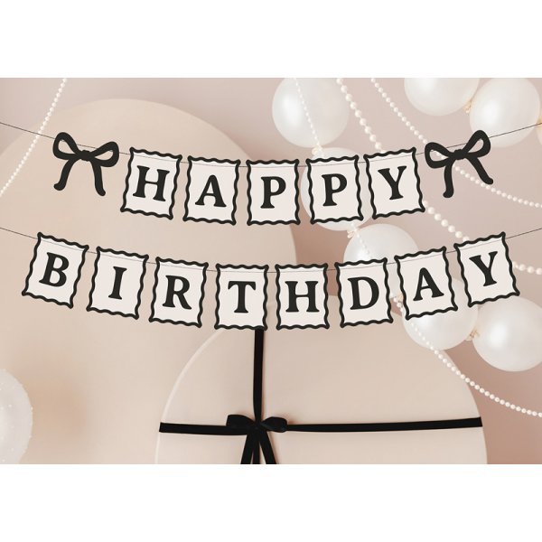Happy Birthday-banner - Cream-svart - 100 cm