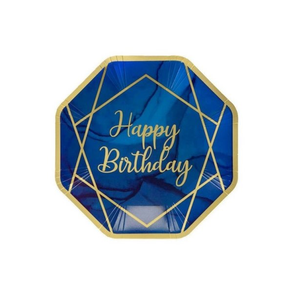 Papperstallrikar Marinbl� & Guld Happy Birthday