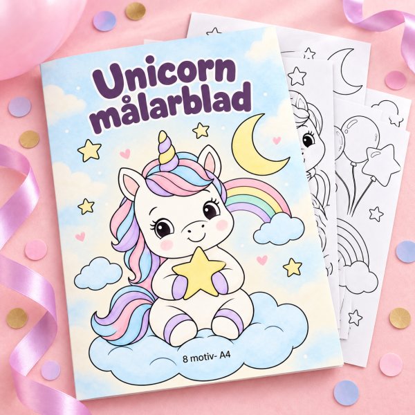 M�larblad - Unicorn/Enh�rning - 8 motiv - A4