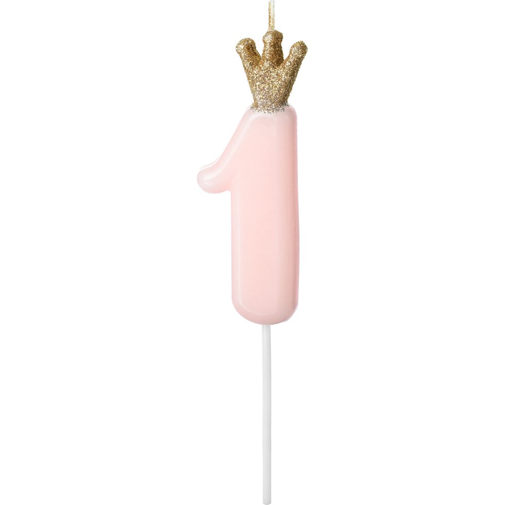 Tårtljus - Guldkrona - Ljusrosa - Siffra: 1 - Tårtljus, Tårtdekorationer till kalas