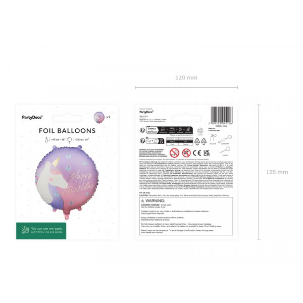 Folieballong Happy Birthday med enh�rning - Mix