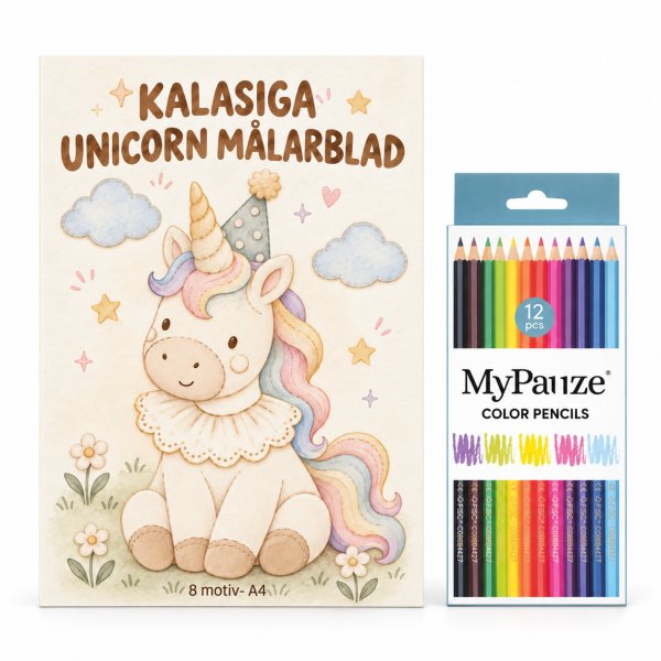 M�larblad med f�rgpennor - Kalasiga Unicorn/Enh�rning - 8 motiv - A4