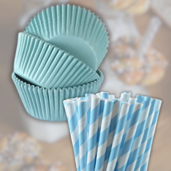 Muffinsformar och papperssugr�r bl�/turkos
