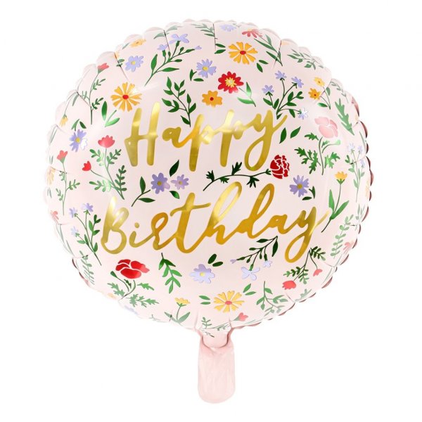 Folieballong - Happy Birthday - Rosa med blommor - 35 cm