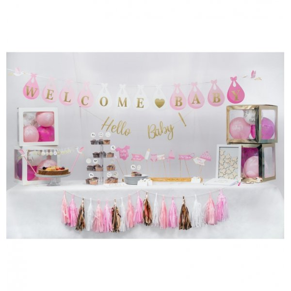 Girlang - Babyshower - Vit/Ljusrosa - Storkar