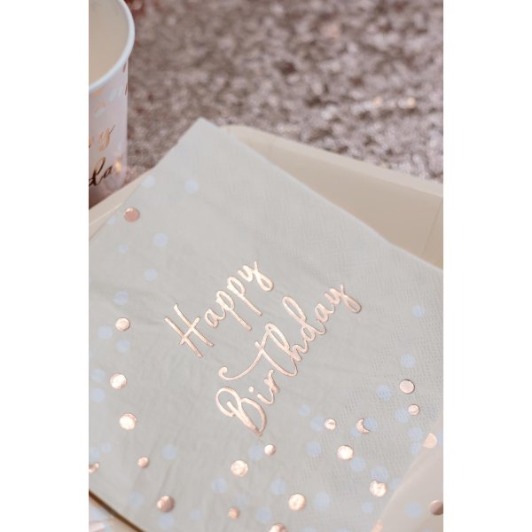 Servetter med happy birthday - Ros�guld - 16-pack