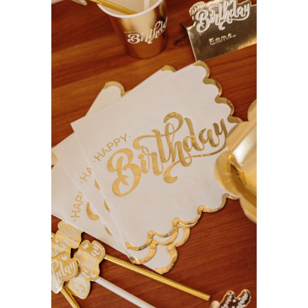 Servetter med happy birthday - Vit - 16-pack