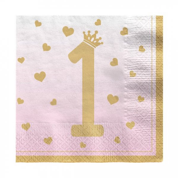 Servetter - 1st Birthday - Rosa/Guld - 20-pack