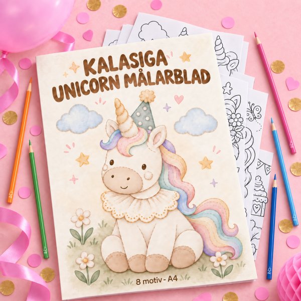 M�larblad med f�rgpennor - Kalasiga Unicorn/Enh�rning - 8 motiv - A4