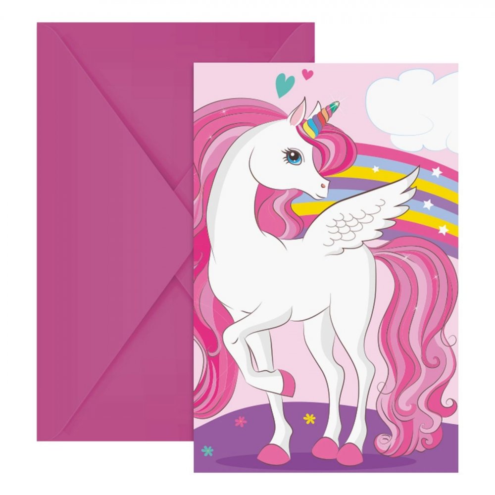 Inbjudningskort Unicorn – Regnbågsfärger – 6-pack