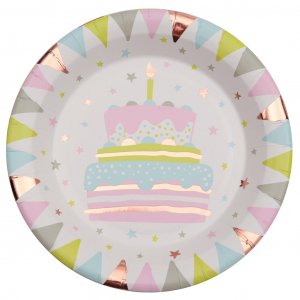 Papptallrikar - Happy Birthday - Pastel/Rosé - 10-pack