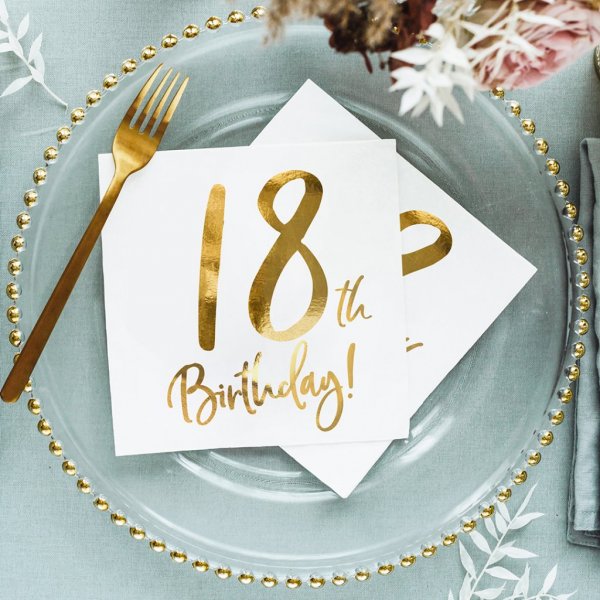 Servetter - 18th Birthday - Vit/Guld - 20-pack