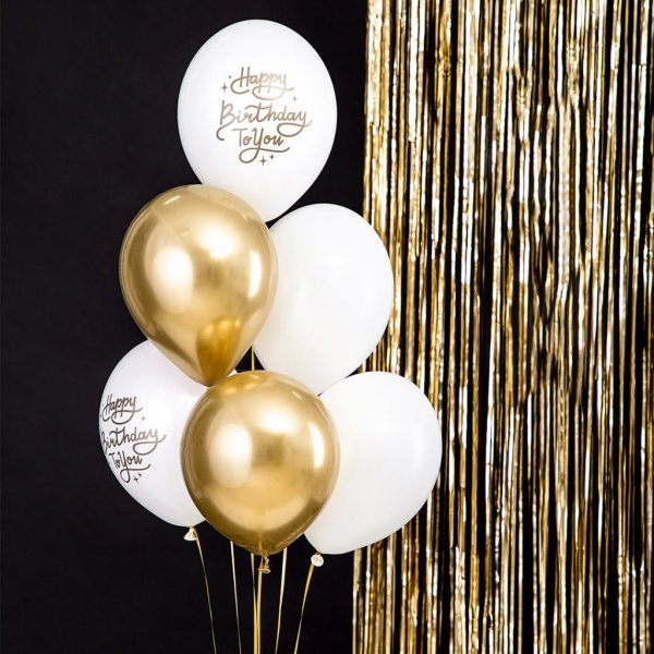 Ballongbukett - Happy Birthday - Vit/Guld - 6-pack