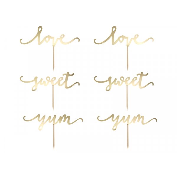 Cake Picks - Love Sweet Yum - Guld - 6-pack