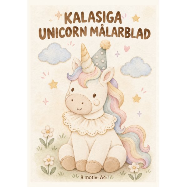 Målarblad - Kalasiga Unicorn/Enhörning - 8 motiv - A4 Målarblad - Kalasiga Unicorn/Enhörning - 8 motiv - A4