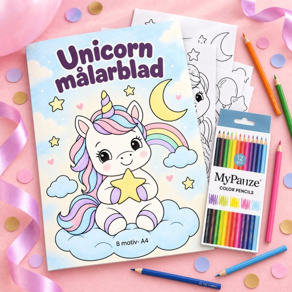 M�larblad med f�rgpennor - Unicorn/Enh�rning - 8 motiv - A4
