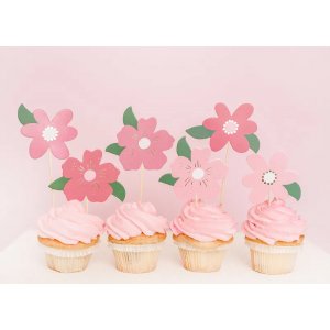 Cake Picks - Blommor - Rosa/Vit - 8-pack